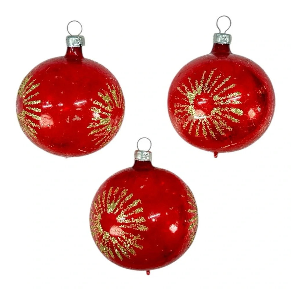 4 Vtg Glass Christmas Balls Ornaments Red Gold Glitter Starburst West Germany